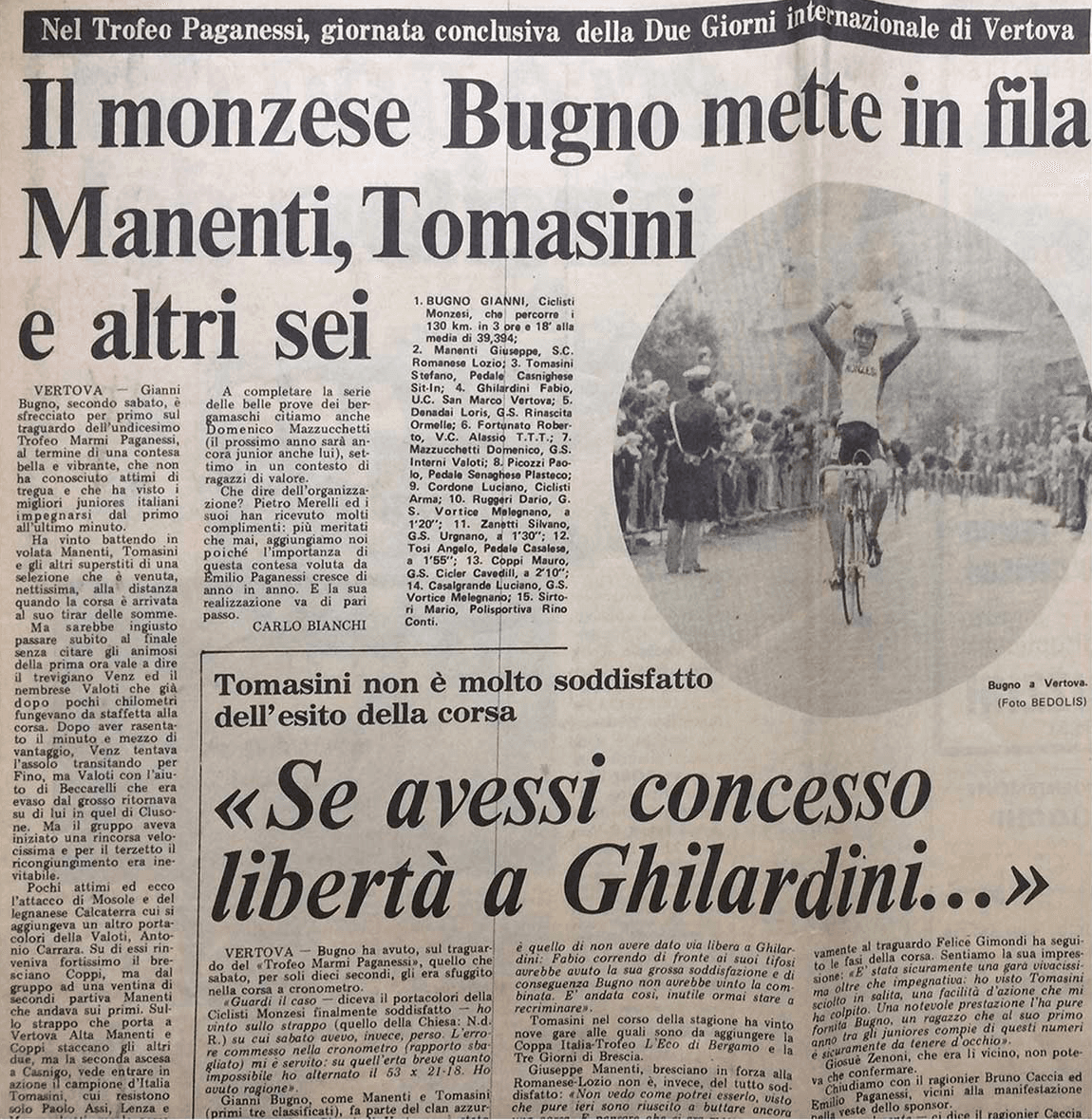 Il ritaglio di giornale del 1981: Gianni Bugno vince l’undicesima edizione del Trofeo