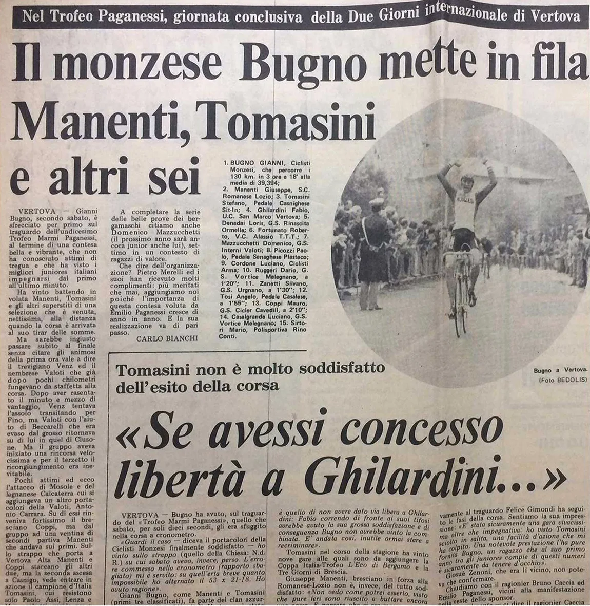 Il ritaglio di giornale del 1981: Gianni Bugno vince l’undicesima edizione del Trofeo